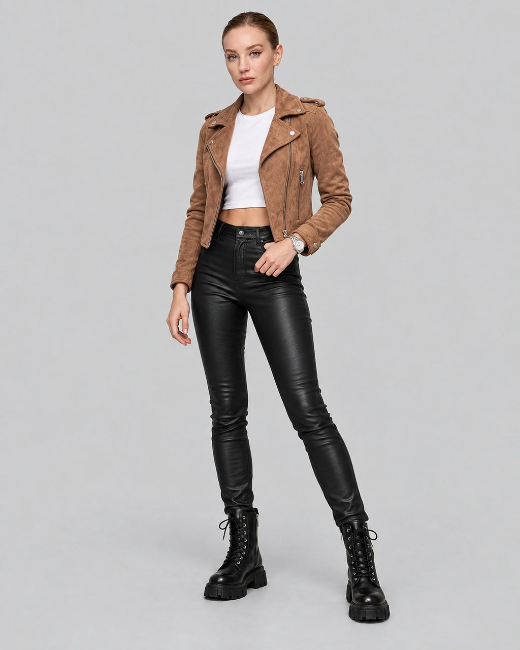 Women's Cropped Faux Suede Biker Jacket with Asymmetric Zip and Notched Collar – Harriet