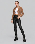 Women's Cropped Faux Suede Biker Jacket with Asymmetric Zip and Notched Collar – Harriet
