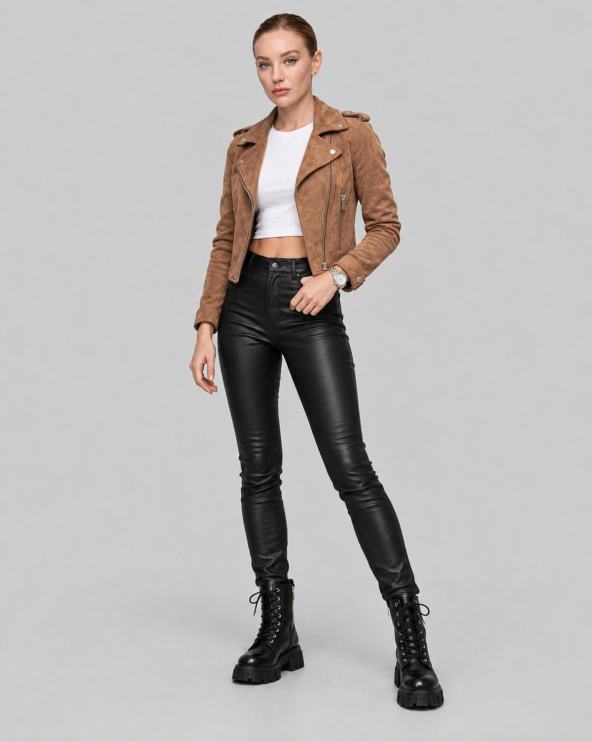 Women's Cropped Faux Suede Biker Jacket with Asymmetric Zip and Notched Collar – Harriet