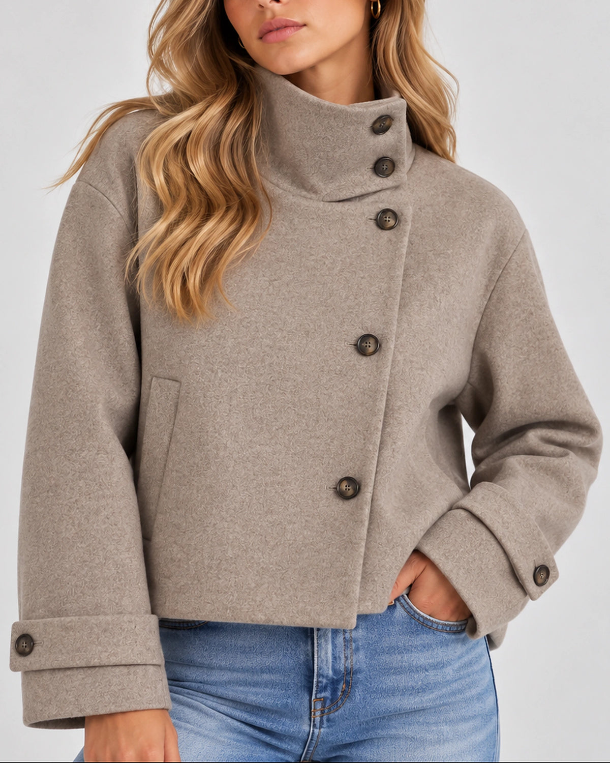 Women's Cropped Jacket in Wool-Look with High Funnel Neck and Button Front, Winter Jacket Women – Vivienne