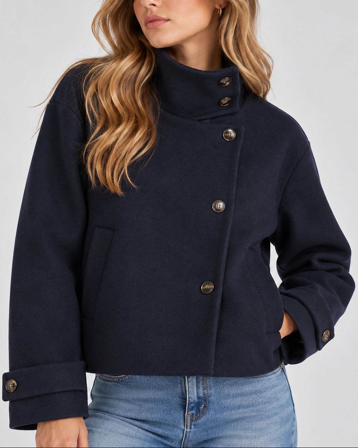 Women's Cropped Jacket in Wool-Look with High Funnel Neck and Button Front, Winter Jacket Women – Vivienne