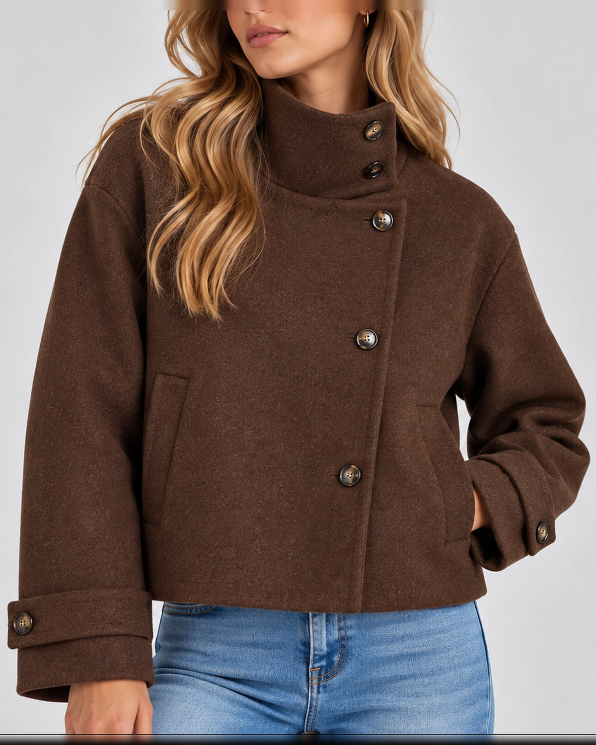 Women's Cropped Jacket in Wool-Look with High Funnel Neck and Button Front, Winter Jacket Women – Vivienne