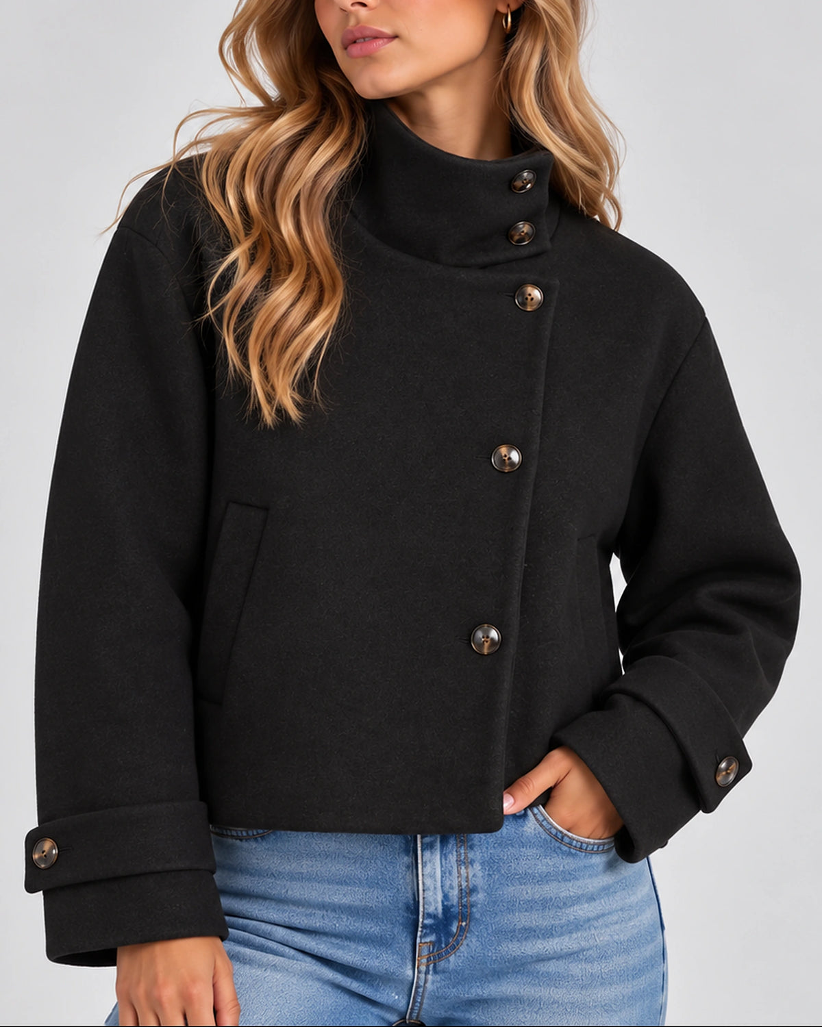 Women's Cropped Jacket in Wool-Look with High Funnel Neck and Button Front, Winter Jacket Women – Vivienne
