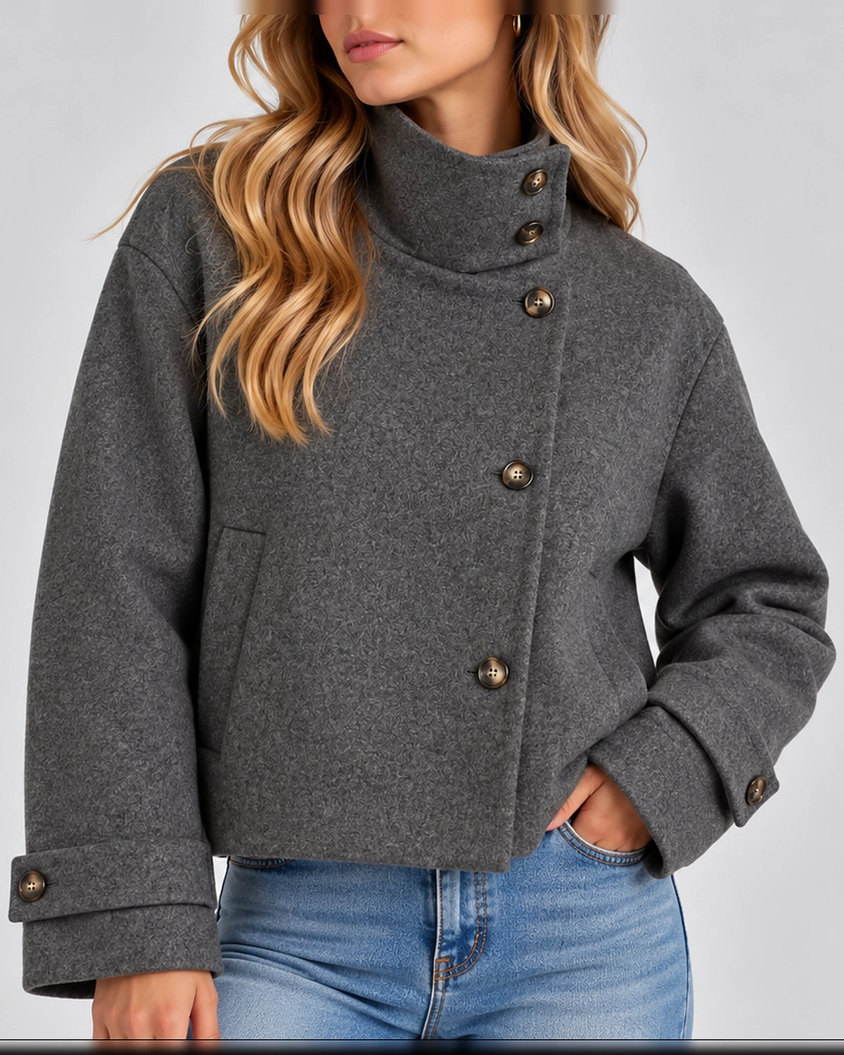 Women's Cropped Jacket in Wool-Look with High Funnel Neck and Button Front, Winter Jacket Women – Vivienne