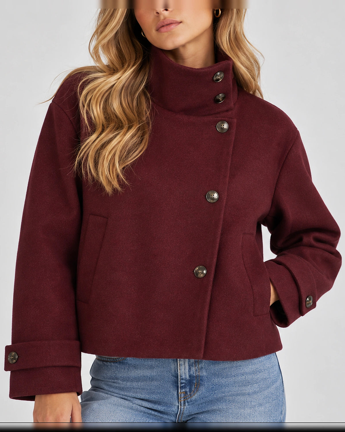 Women's Cropped Jacket in Wool-Look with High Funnel Neck and Button Front, Winter Jacket Women – Vivienne