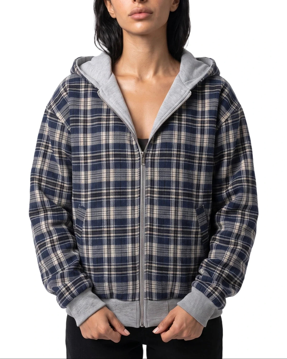 Women's Cropped Bomber Jacket with Contrast Ribbed Trims and Hood, Reversible Check – Lottie