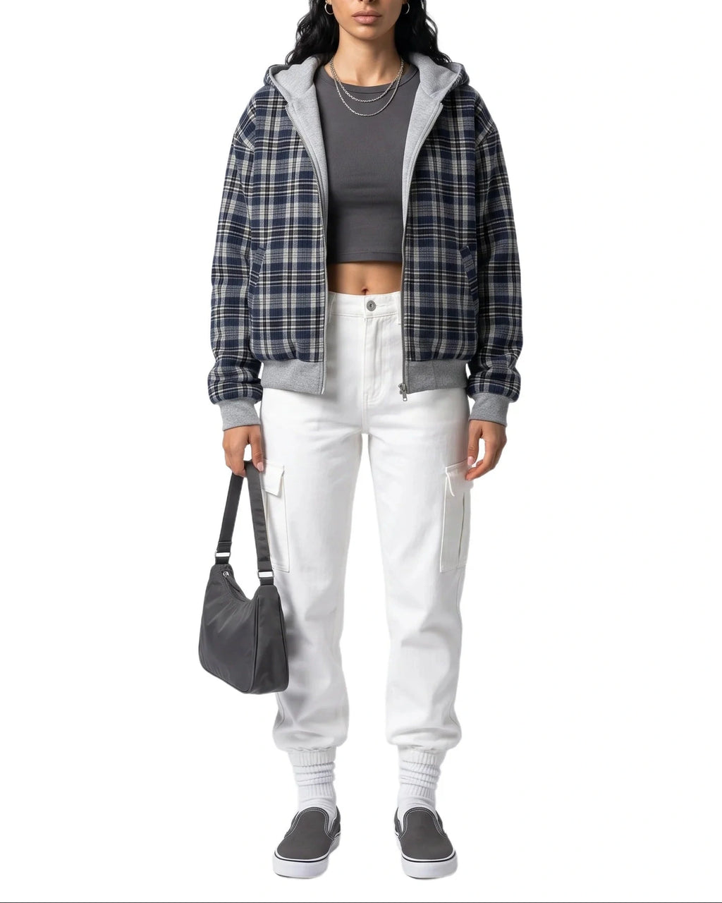 Women's Cropped Bomber Jacket with Contrast Ribbed Trims and Hood, Reversible Check – Lottie
