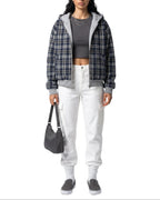 Women's Cropped Bomber Jacket with Contrast Ribbed Trims and Hood, Reversible Check – Lottie
