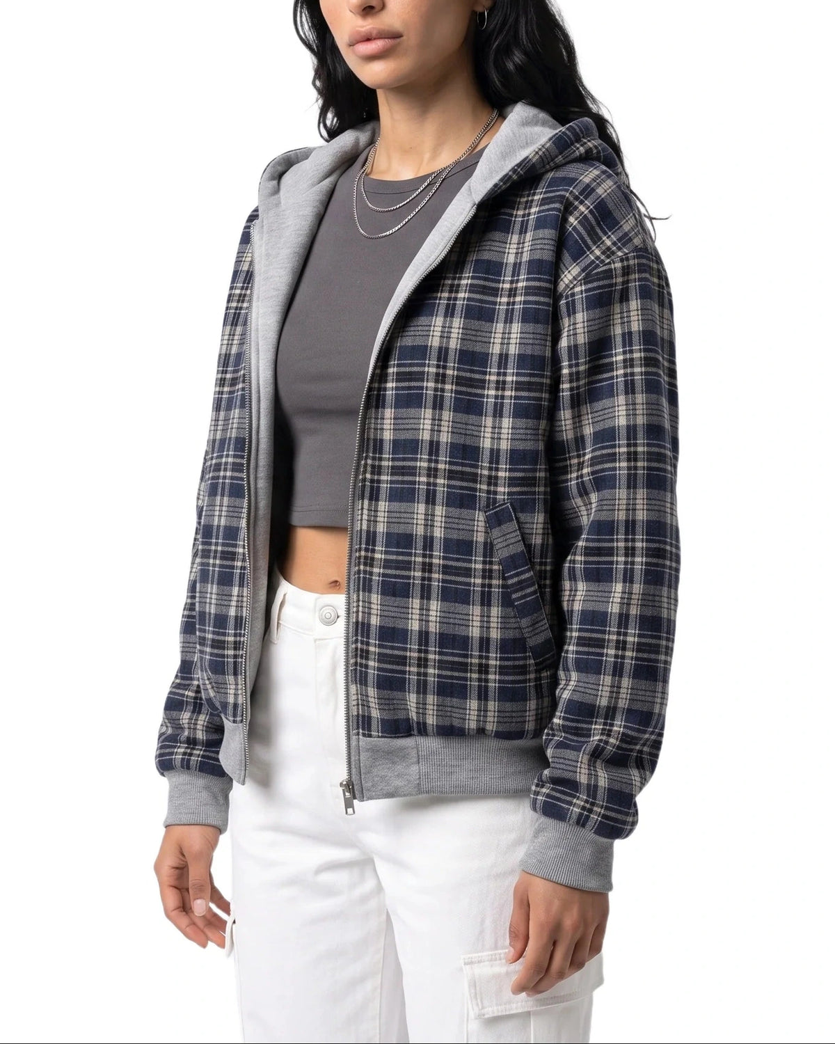 Women's Cropped Bomber Jacket with Contrast Ribbed Trims and Hood, Reversible Check – Lottie