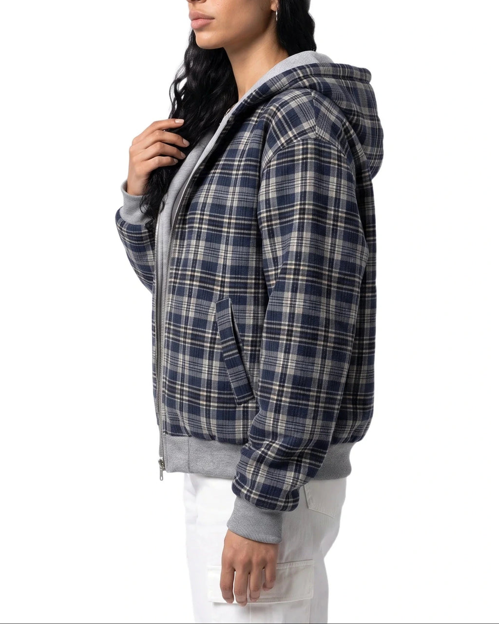 Women's Cropped Bomber Jacket with Contrast Ribbed Trims and Hood, Reversible Check – Lottie