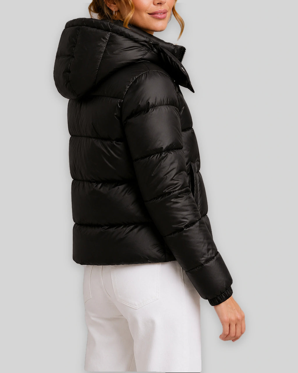 Women's Cropped Puffer Jacket with Hood, Glossy Finish and Side Pockets – Maya