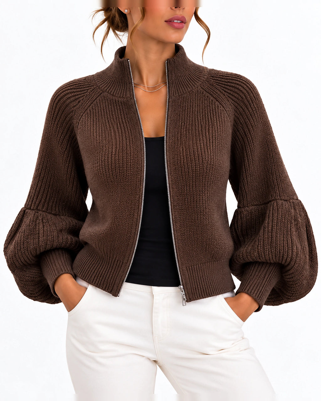 Women's Cardigan, Cropped Knit Cardigan with Zip Up, Puff Sleeves and High Collar – Isla