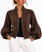 Women's Cardigan, Cropped Knit Cardigan with Zip Up, Puff Sleeves and High Collar – Isla