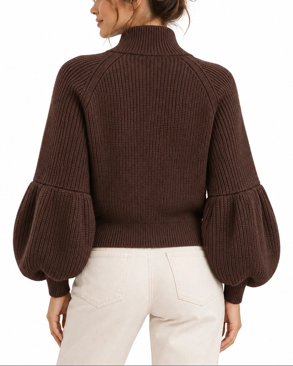 Women's Cardigan, Cropped Knit Cardigan with Zip Up, Puff Sleeves and High Collar – Isla
