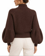 Women's Cardigan, Cropped Knit Cardigan with Zip Up, Puff Sleeves and High Collar – Isla