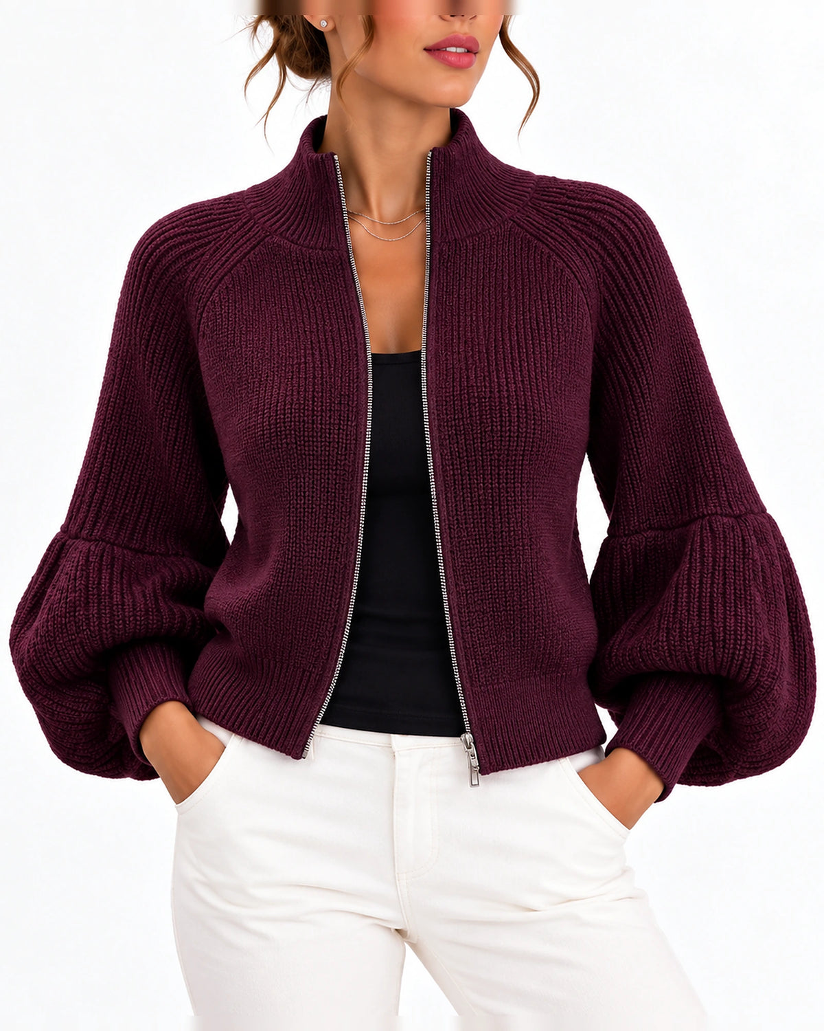 Women's Cardigan, Cropped Knit Cardigan with Zip Up, Puff Sleeves and High Collar – Isla