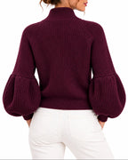 Women's Cardigan, Cropped Knit Cardigan with Zip Up, Puff Sleeves and High Collar – Isla