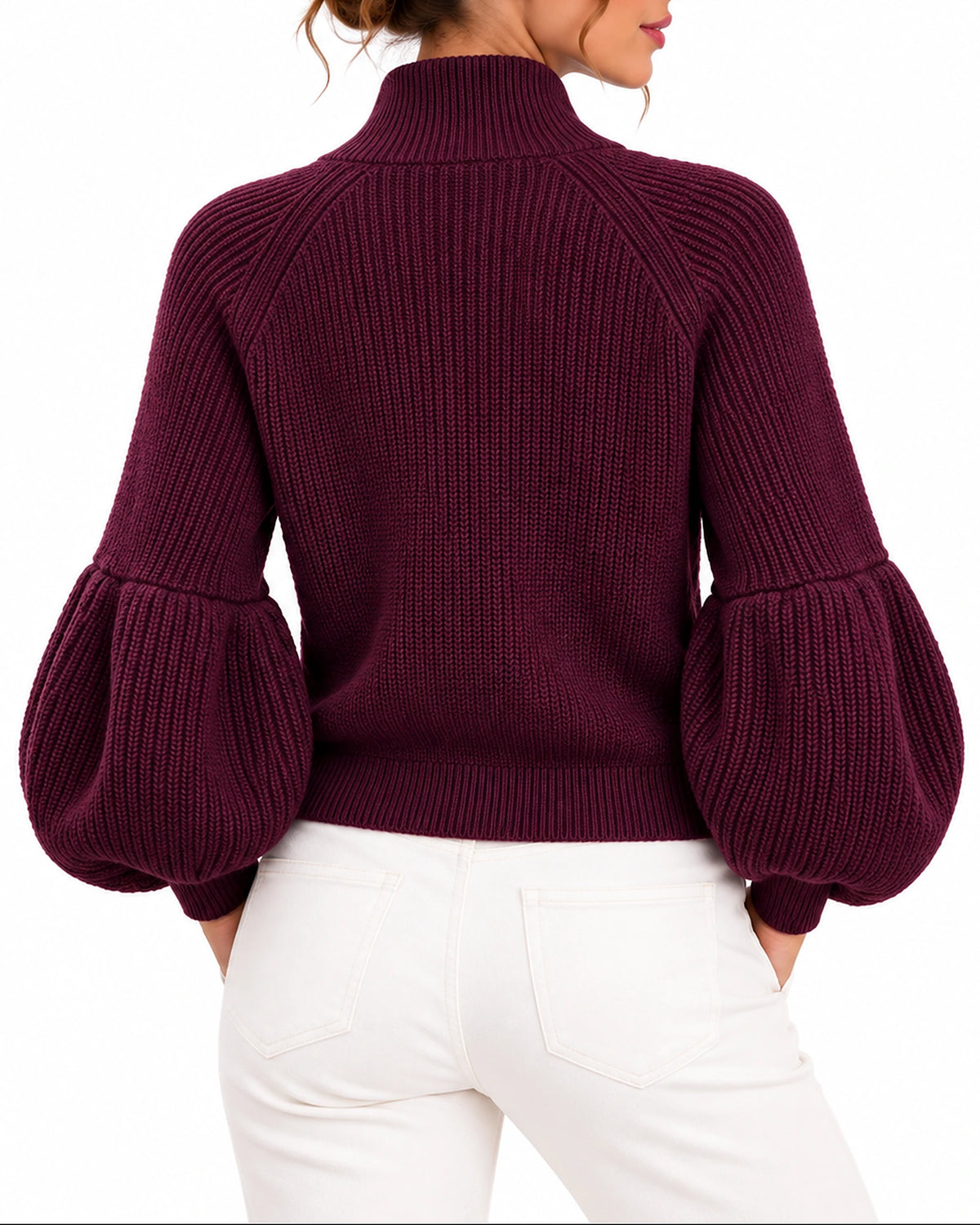 Women's Cardigan, Cropped Knit Cardigan with Zip Up, Puff Sleeves and High Collar – Isla