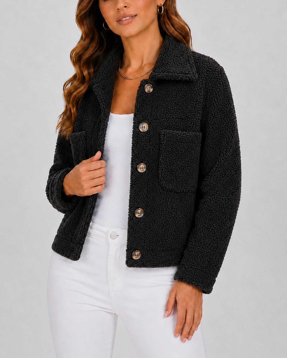 Women's Fleece Jacket with Notched Collar and Flap Pockets, Cropped Teddy Style – Greta