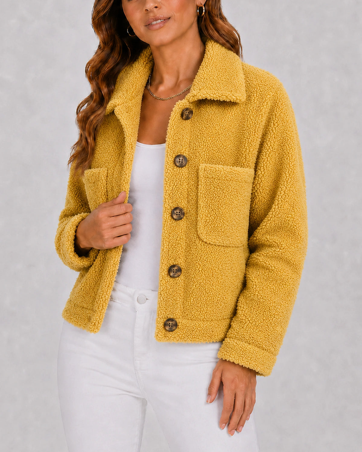 Women's Fleece Jacket with Notched Collar and Flap Pockets, Cropped Teddy Style – Greta
