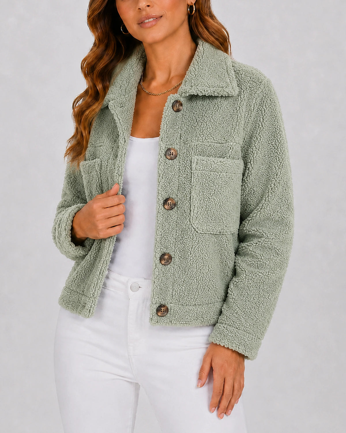 Women's Fleece Jacket with Notched Collar and Flap Pockets, Cropped Teddy Style – Greta