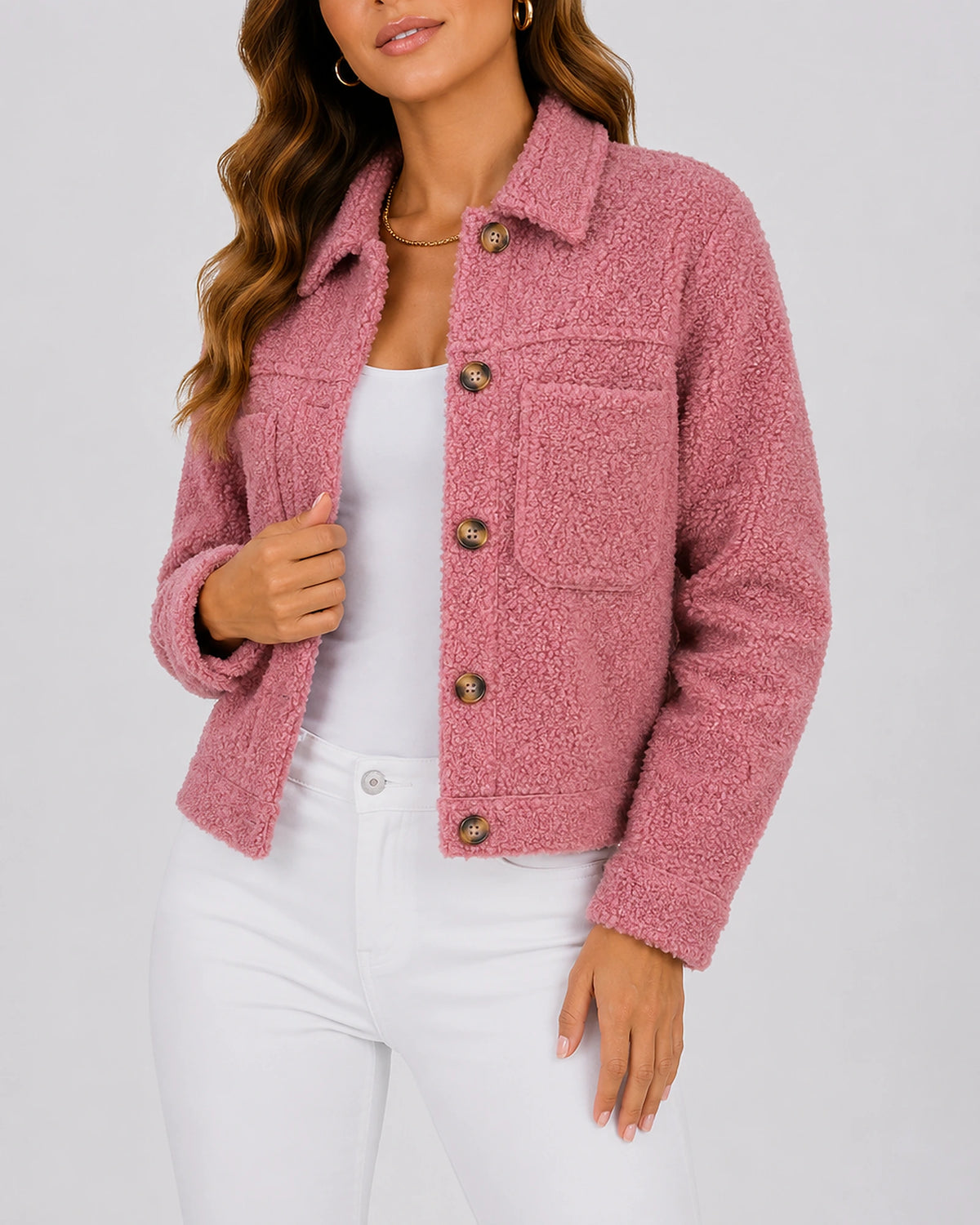 Women's Fleece Jacket with Notched Collar and Flap Pockets, Cropped Teddy Style – Greta