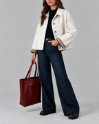 Women's Cropped Trench Jacket for Women, Short Trench Coat with Plaid Contrast Lining and Wide Collar – Gwen
