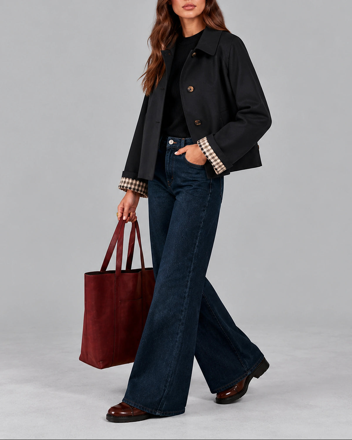 Women's Cropped Trench Jacket for Women, Short Trench Coat with Plaid Contrast Lining and Wide Collar – Gwen