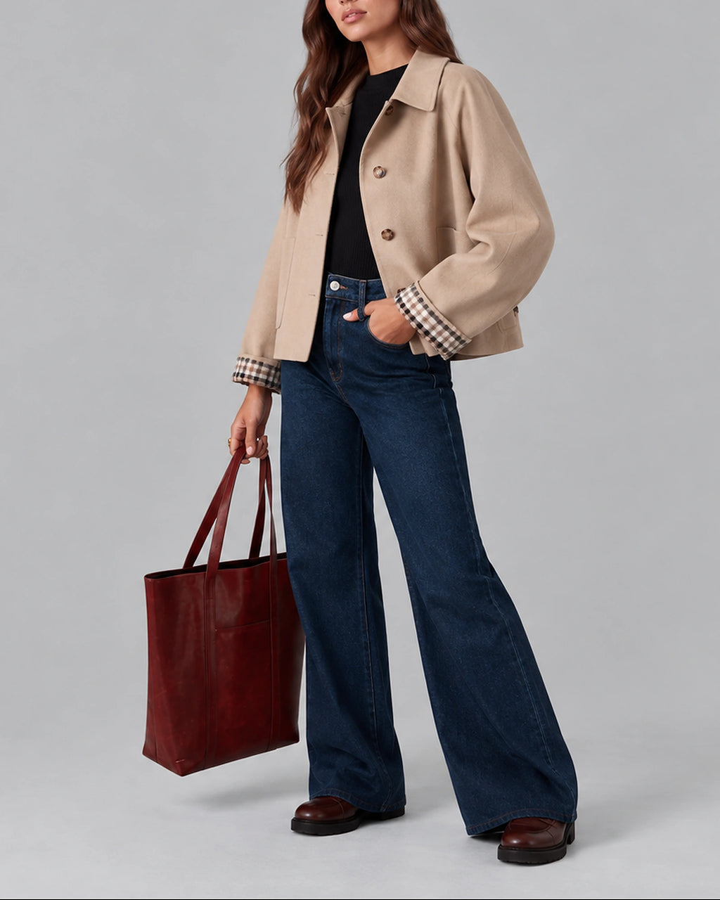 Women's Cropped Trench Jacket for Women, Short Trench Coat with Plaid Contrast Lining and Wide Collar – Gwen