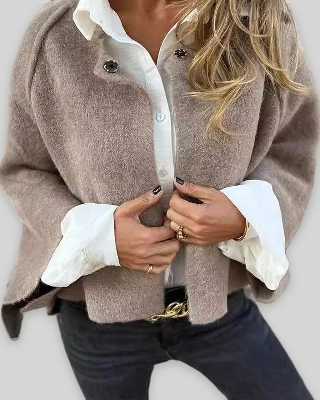 Women's Cropped Cape Jacket with Studded Button Neckline and Raw Hem – Maren