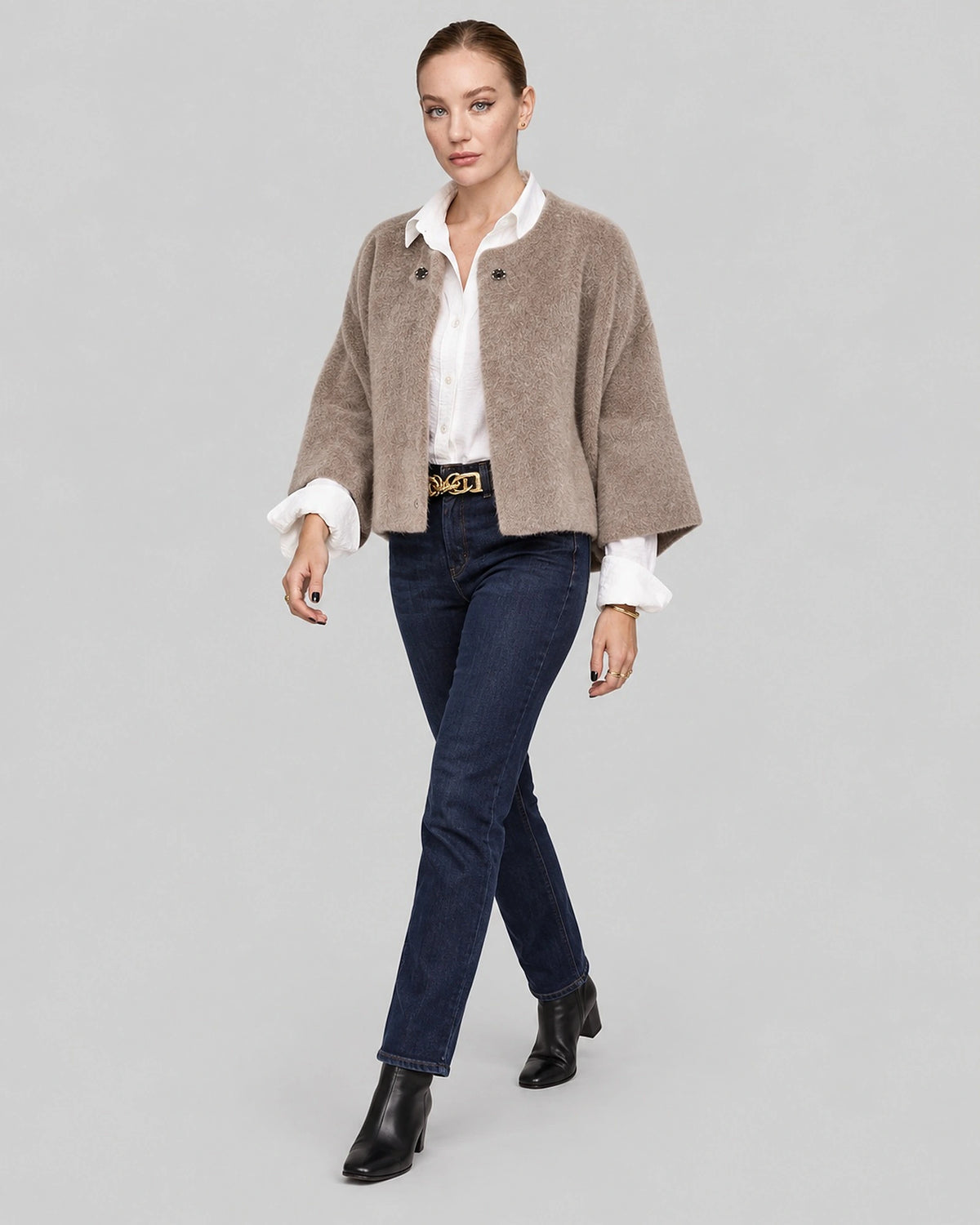 Women's Cropped Cape Jacket with Studded Button Neckline and Raw Hem – Maren