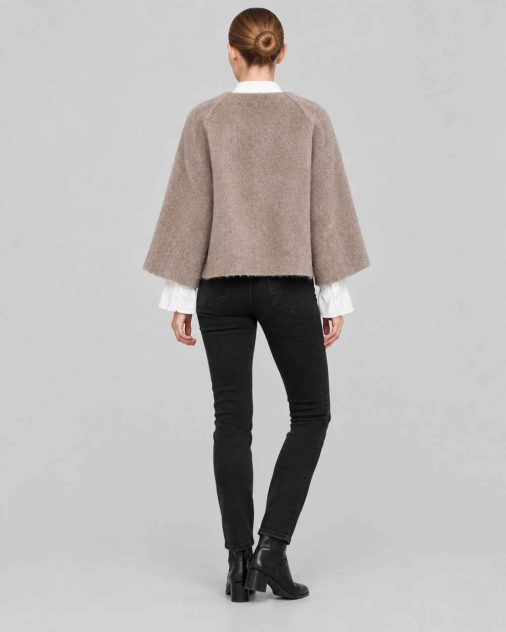 Women's Cropped Cape Jacket with Studded Button Neckline and Raw Hem – Maren