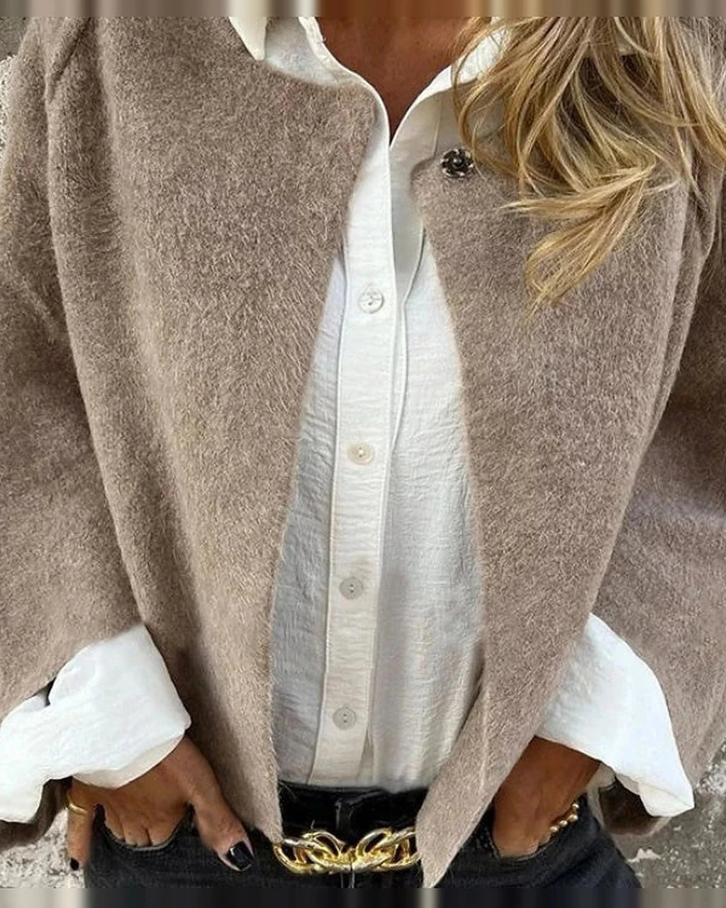 Women's Cropped Cape Jacket with Studded Button Neckline and Raw Hem – Maren