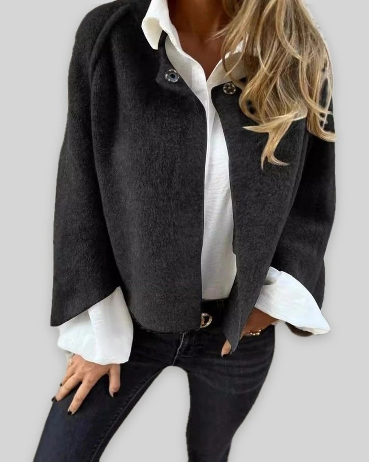 Women's Cropped Cape Jacket with Studded Button Neckline and Raw Hem – Maren