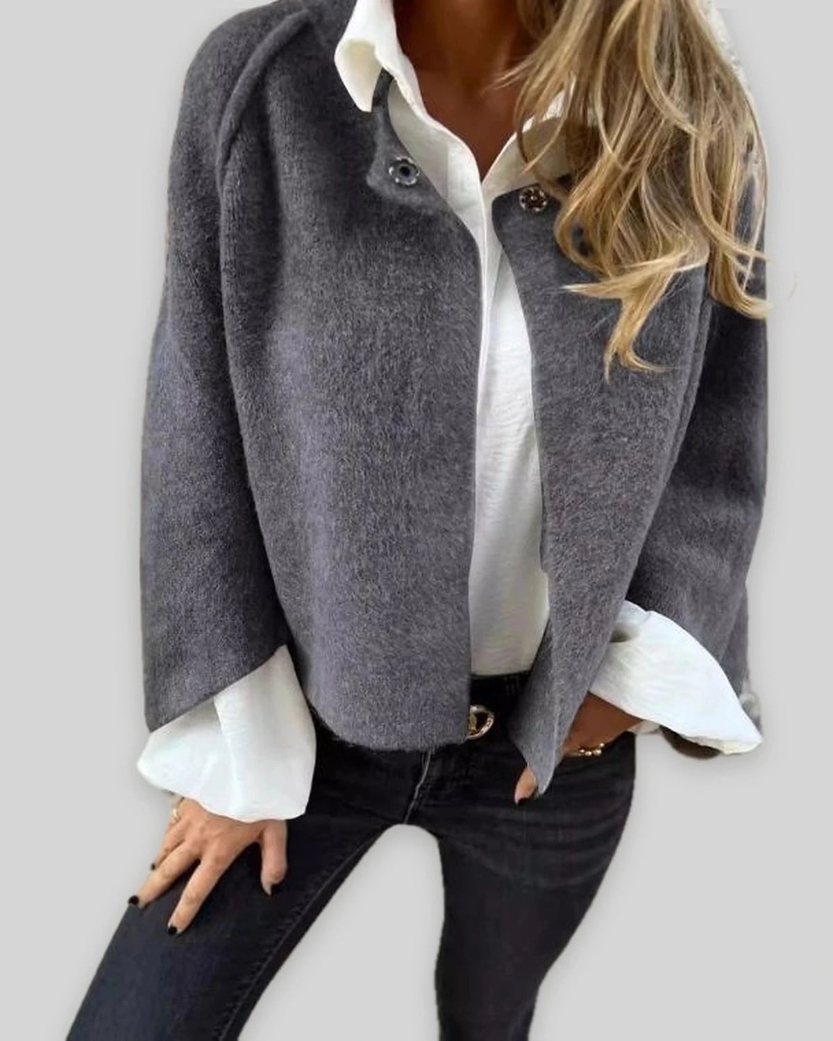 Women's Cropped Cape Jacket with Studded Button Neckline and Raw Hem – Maren