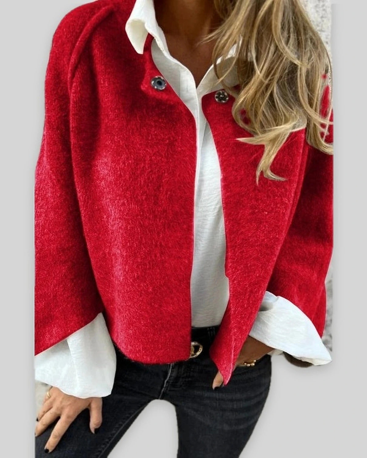 Women's Cropped Cape Jacket with Studded Button Neckline and Raw Hem – Maren