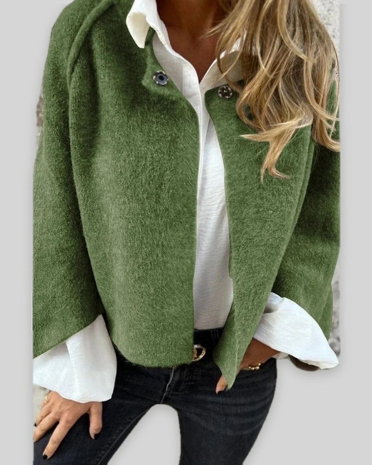 Women's Cropped Cape Jacket with Studded Button Neckline and Raw Hem – Maren