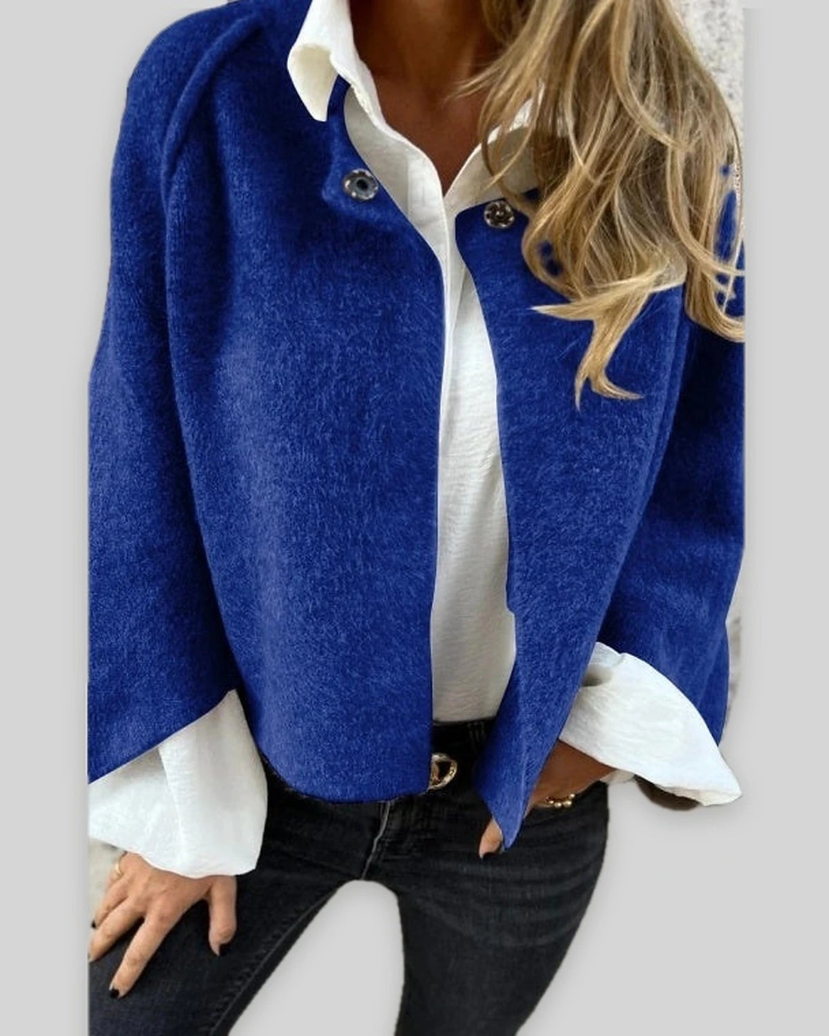 Women's Cropped Cape Jacket with Studded Button Neckline and Raw Hem – Maren