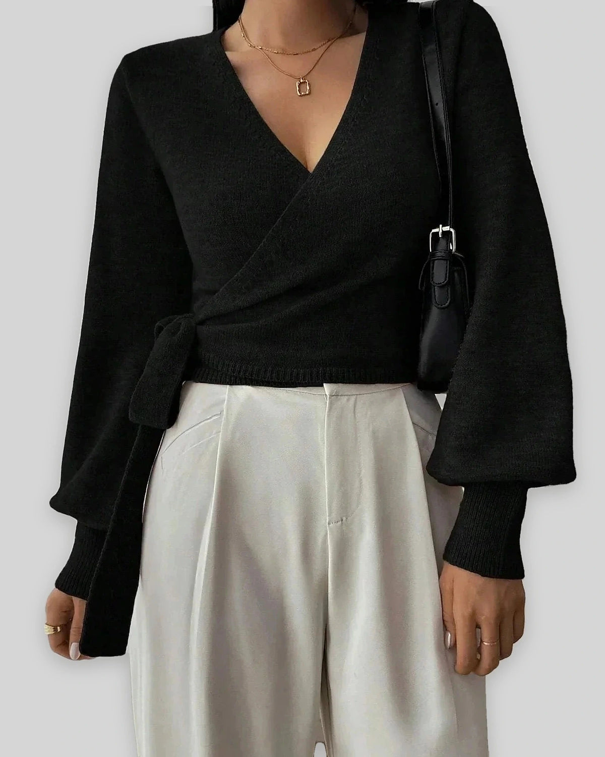 Women's Cropped Knit Wrap Front V-Neck Jumper with Tie Waist Detail – Pippa Lou