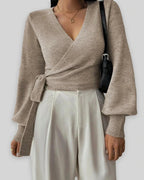 Women's Cropped Knit Wrap Front V-Neck Jumper with Tie Waist Detail – Pippa Lou