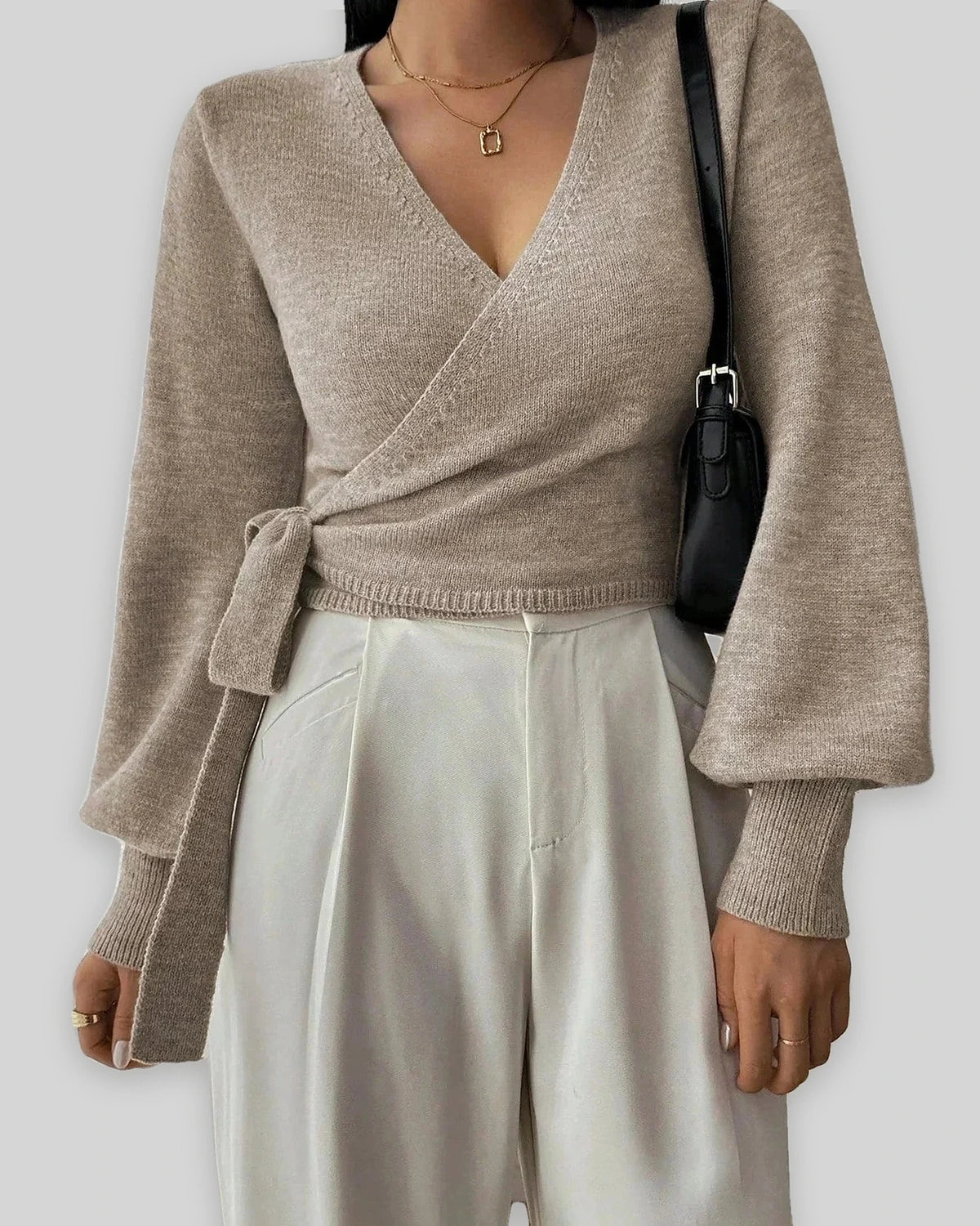 Women's Cropped Knit Wrap Front V-Neck Jumper with Tie Waist Detail – Pippa Lou