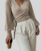 Women's Cropped Knit Wrap Front V-Neck Jumper with Tie Waist Detail – Pippa Lou