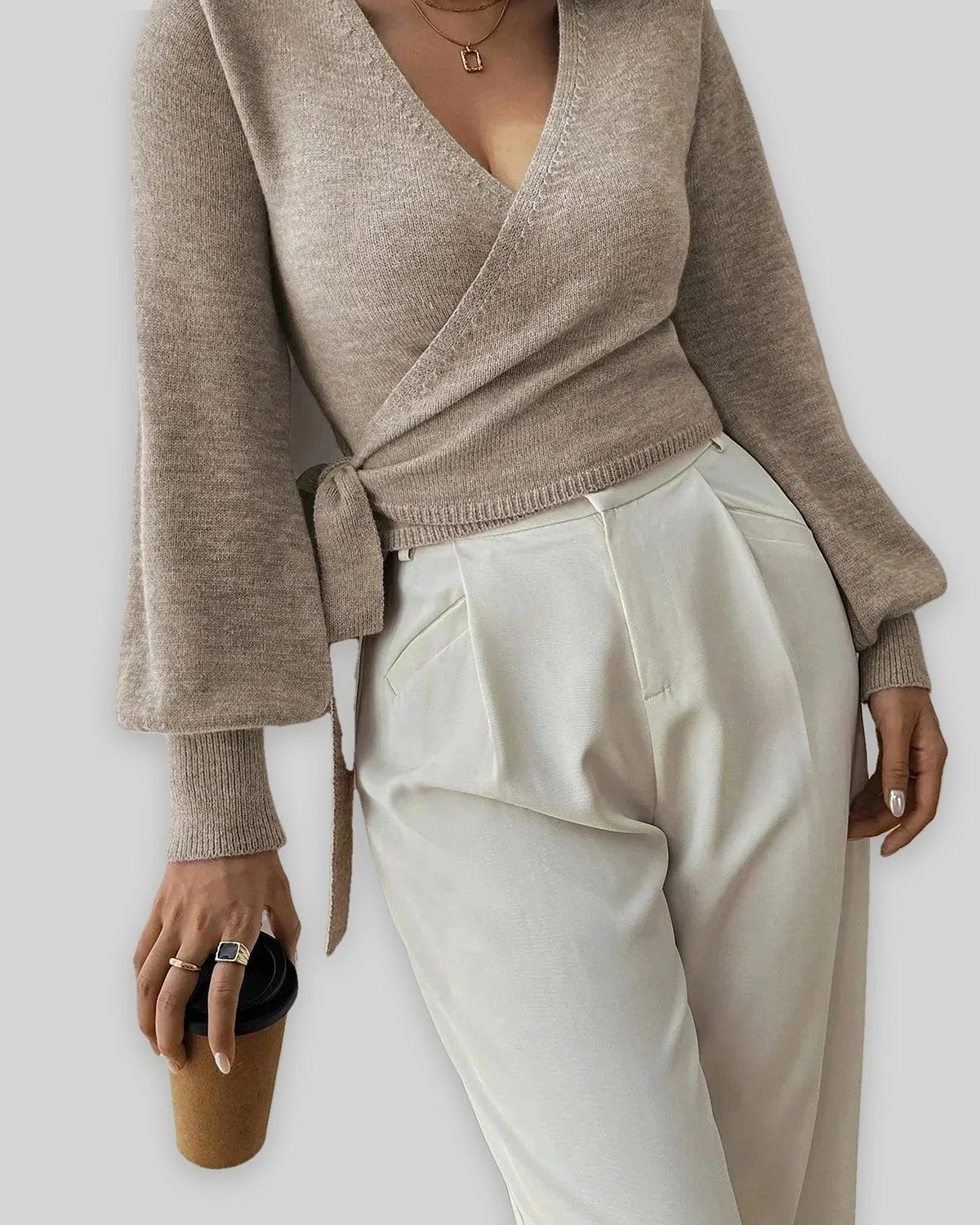 Women's Cropped Knit Wrap Front V-Neck Jumper with Tie Waist Detail – Pippa Lou