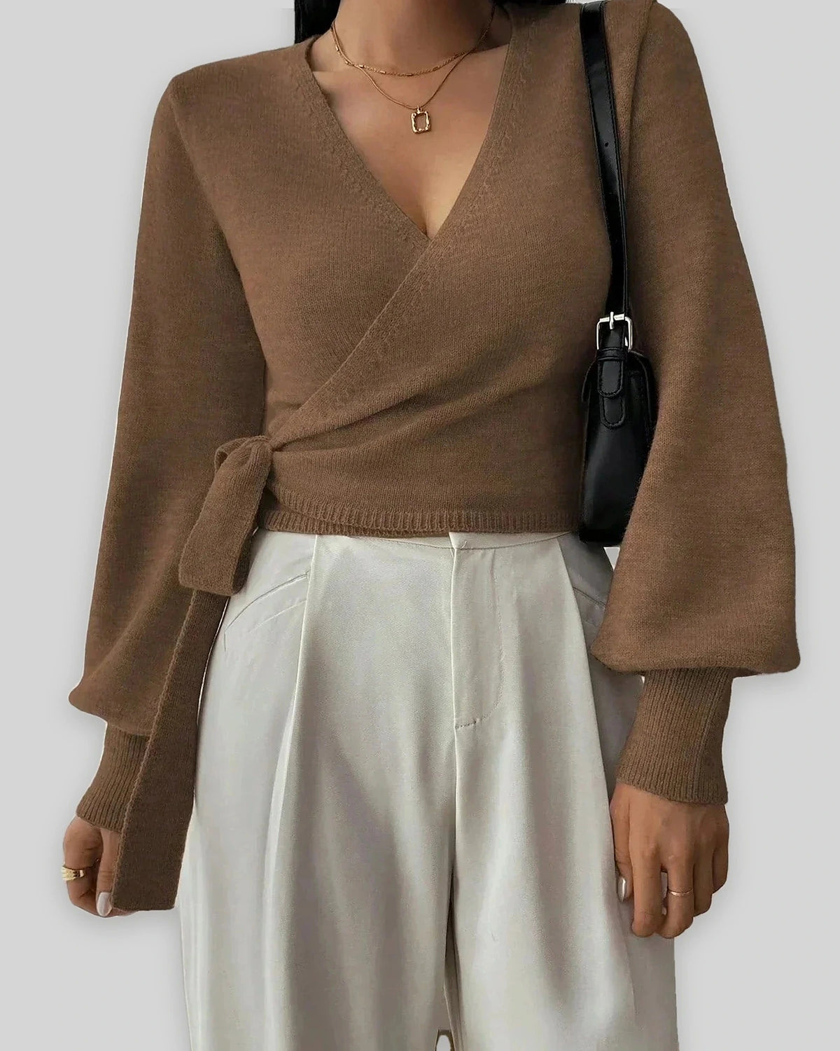 Women's Cropped Knit Wrap Front V-Neck Jumper with Tie Waist Detail – Pippa Lou
