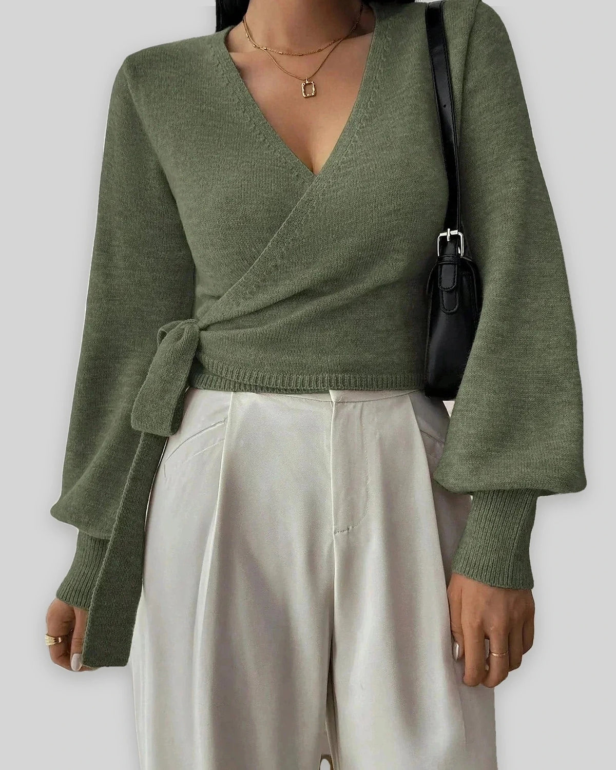 Women's Cropped Knit Wrap Front V-Neck Jumper with Tie Waist Detail – Pippa Lou