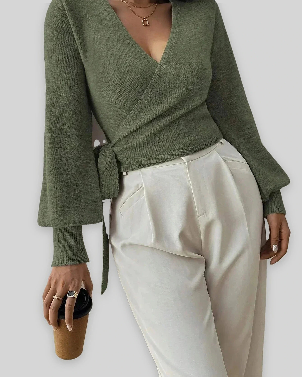 Women's Cropped Knit Wrap Front V-Neck Jumper with Tie Waist Detail – Pippa Lou