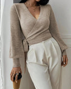 Women's Cropped Knit Wrap Front V-Neck Jumper with Tie Waist Detail – Pippa Lou