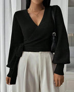 Women's Cropped Knit Wrap Front V-Neck Jumper with Tie Waist Detail – Pippa Lou