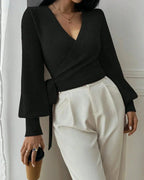 Women's Cropped Knit Wrap Front V-Neck Jumper with Tie Waist Detail – Pippa Lou