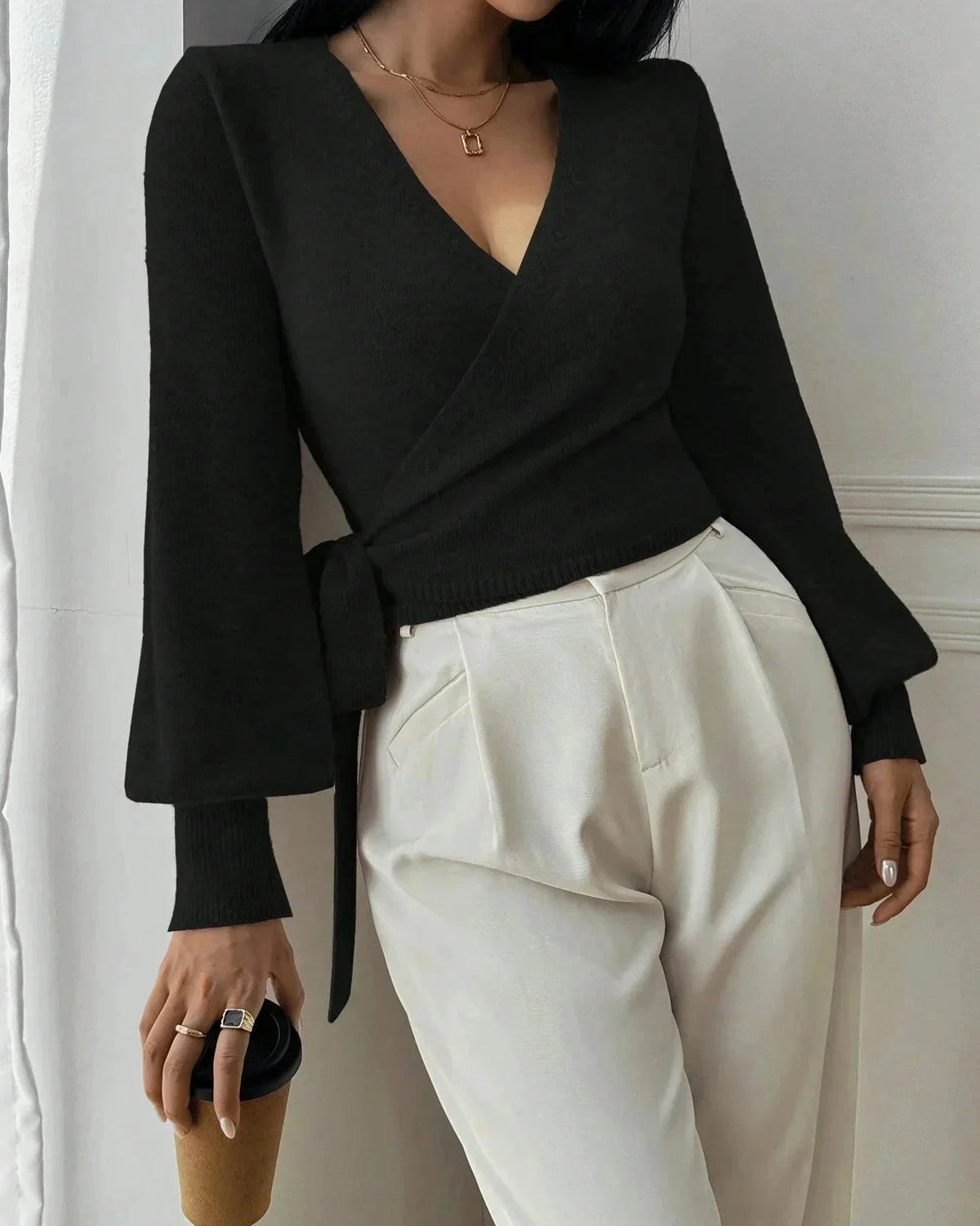 Women's Cropped Knit Wrap Front V-Neck Jumper with Tie Waist Detail – Pippa Lou
